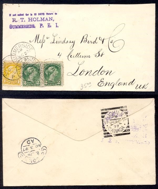 CANADA SUMMERSIDE PEI 1897 w #36(2), 35 OVERSEAS RATED TO UK VIA ST JOHN'S TO UK