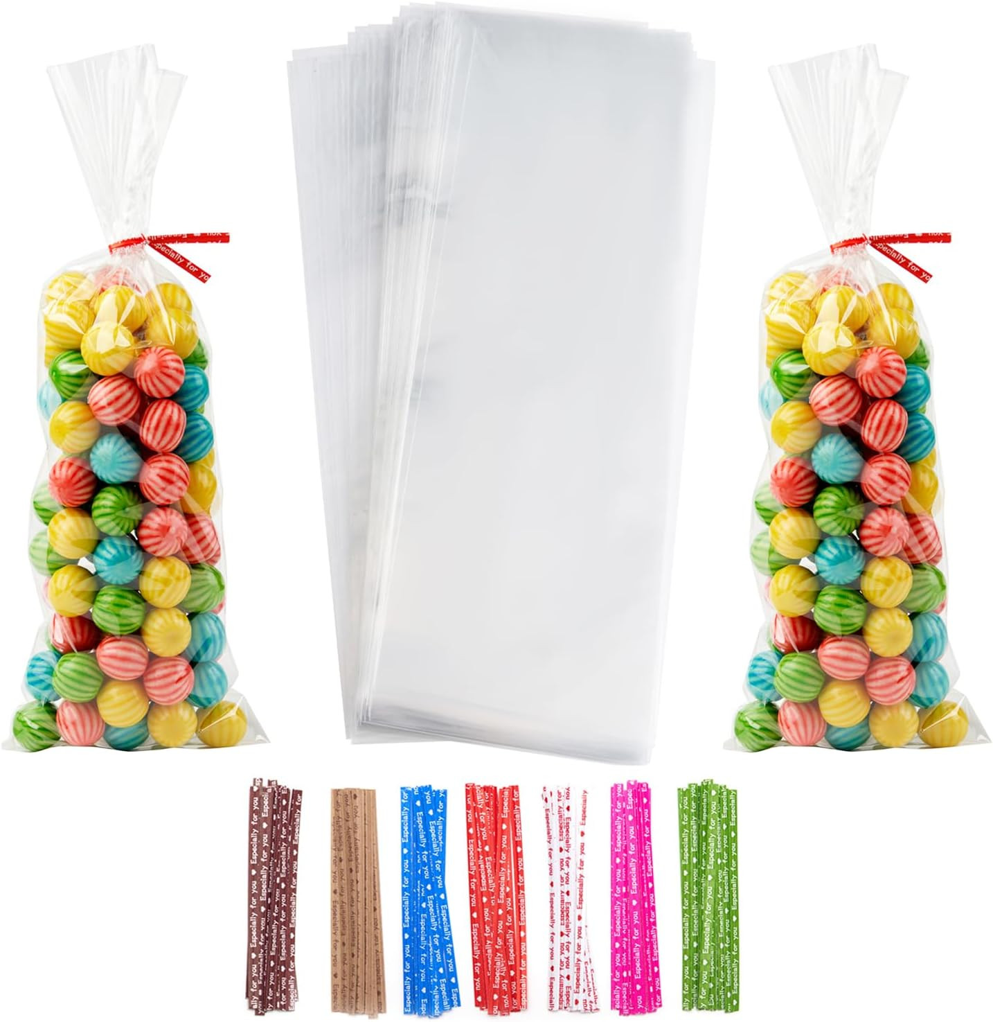 100PCS Clear Treat Bags 4X11 Inches OPP Cello Cellophane Flat Bag With Colorful 