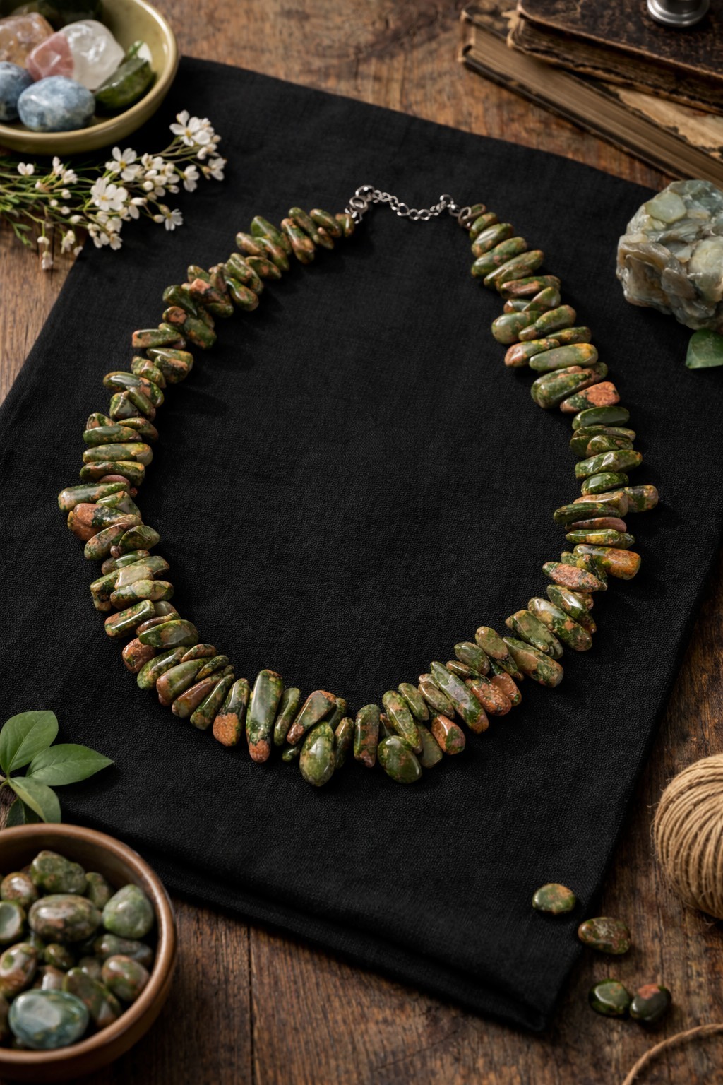 Unakite Chip Necklace Natural Stone Beaded Necklace 17" Sterling Silver Clasp