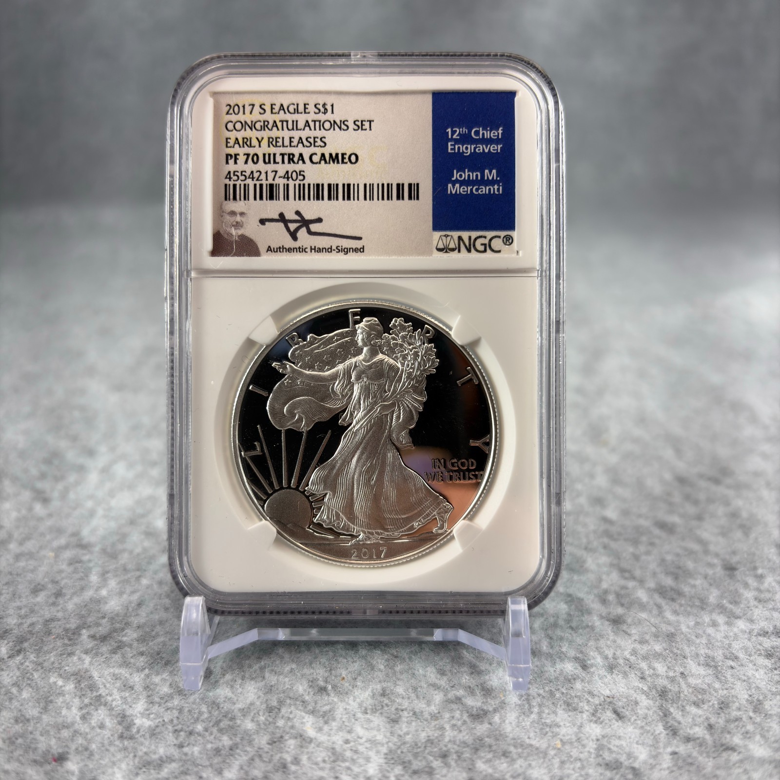 2017 S Proof Silver Eagle Congratulations NGC PF70 Ultra Cameo Mercanti Signed