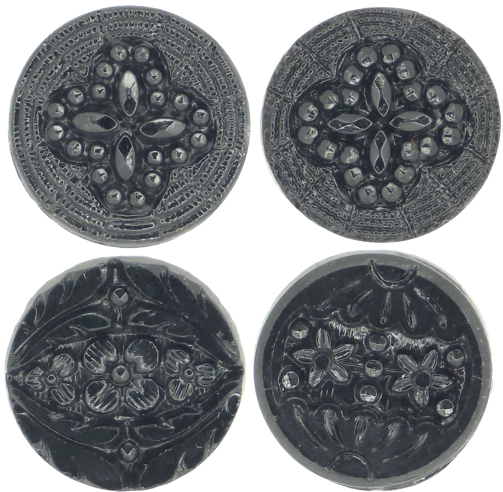 1890s Antique Victorian Black Glass Floral Sunshine Starburst Flower Button LOT