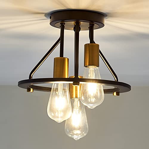Industrial Semi Flush Mount Ceiling Light Fixture 3-Light Matte Black Gold