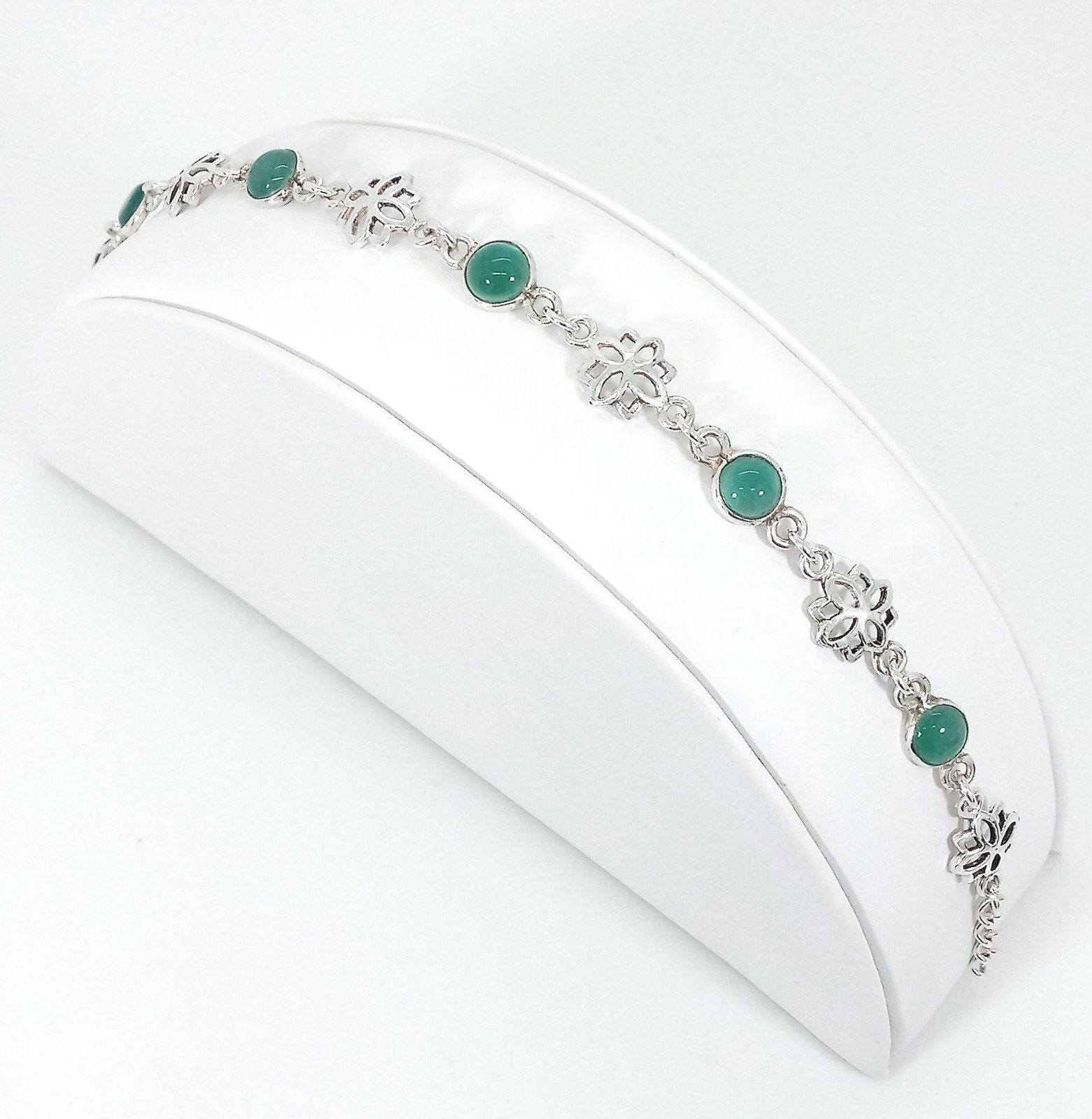 Vintage 925 Sterling Silver Green Onyx Floral Bracelet Adjustable