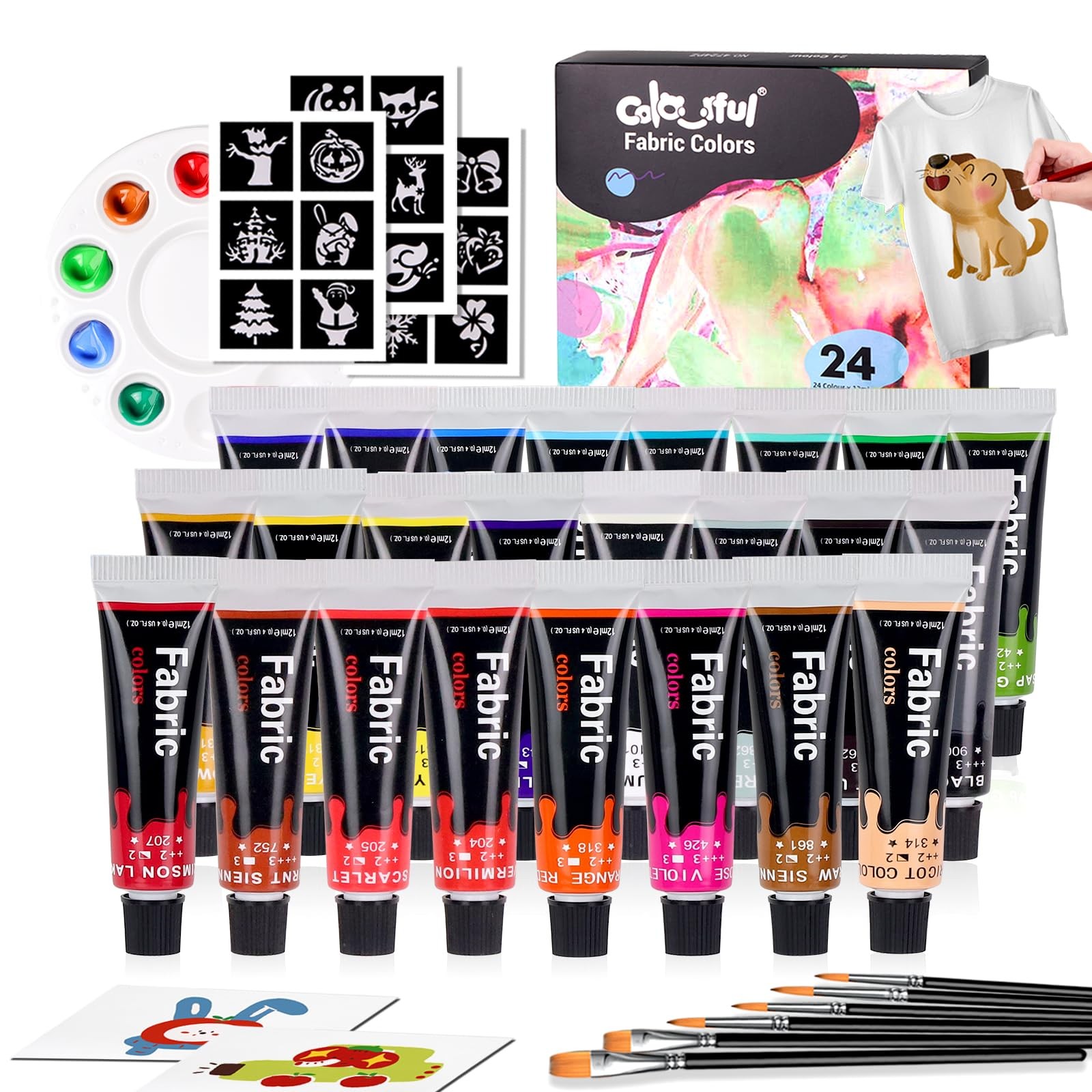 24 Color Fabric Paint Set - Permanent Non-Toxic Textile Paint for Clothes &