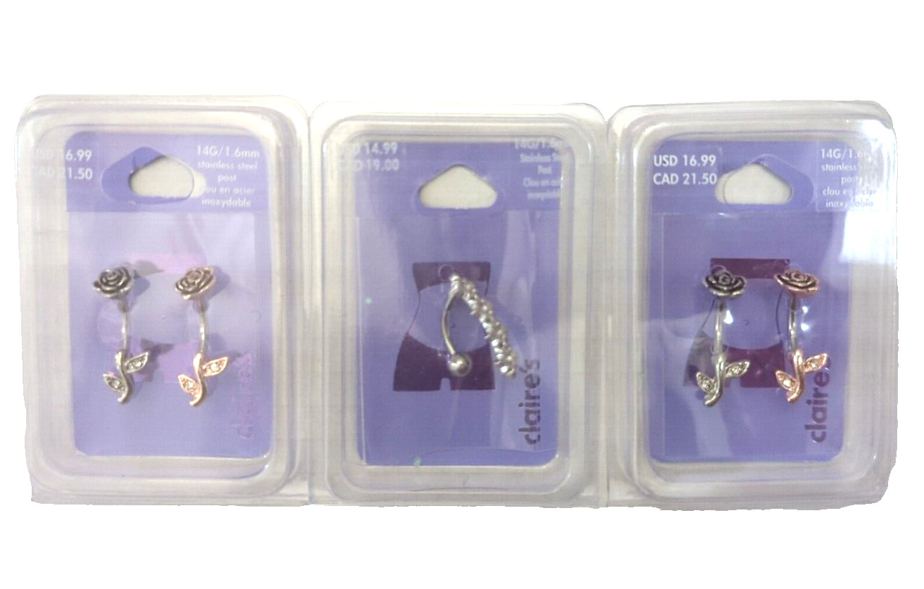 Lot of 5 Claire's 14 Gauge Stainless Steel - Silver & Rose Gold - Roses & Star