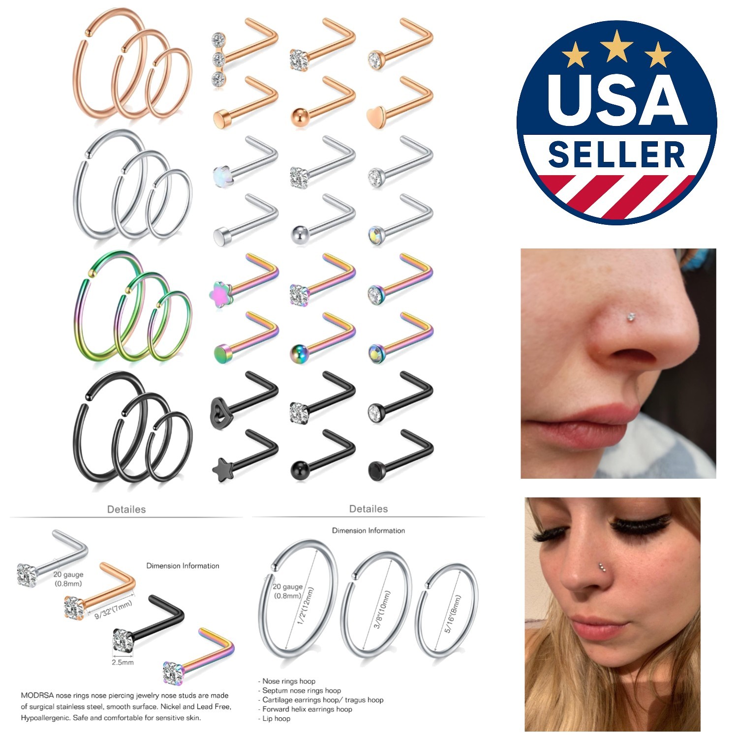 Luxury 20g Nose Piercing Jewelry - Hypoallergenic Rings & Studs in Velvet Pouch