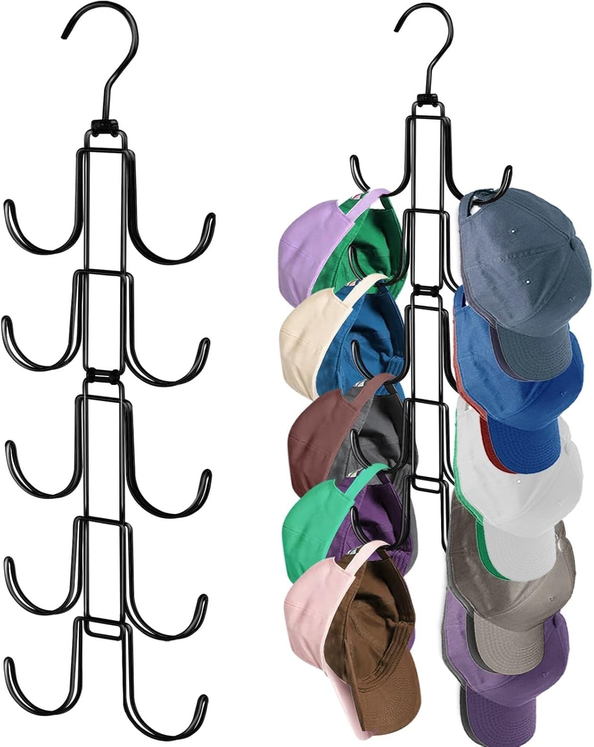 Hat Organizer for Closet, Collapsible Caps Rack with 10 Rotatable Large Hooks, H