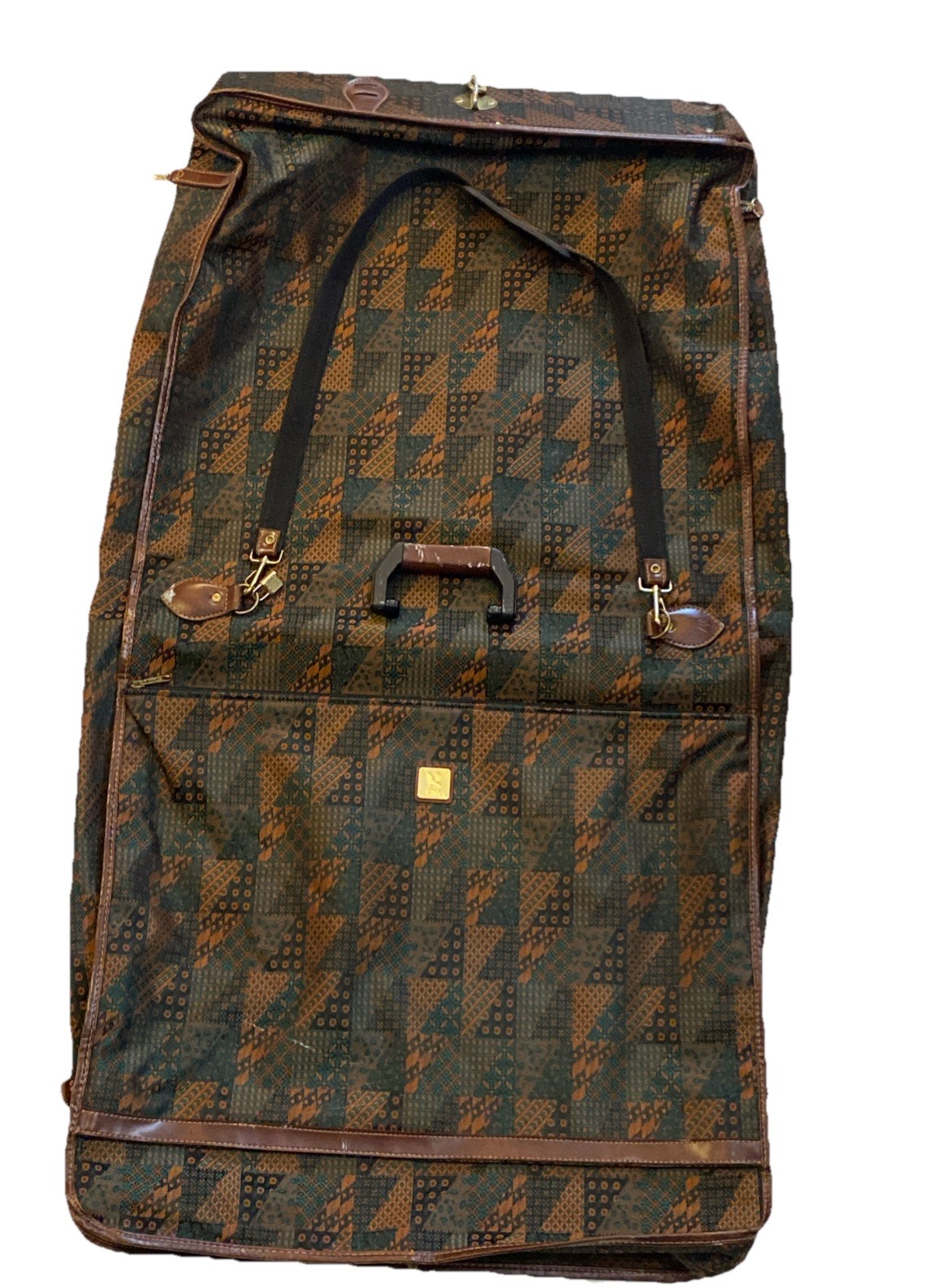 Vintage Garment Suit Bag  Thick geometrical canvas with leather trim 45”x25” 