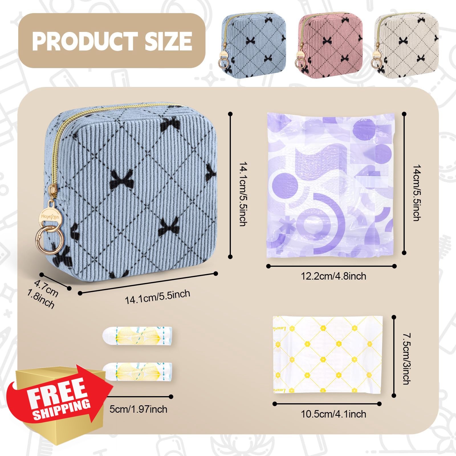 Playexen Period Bag Teen Girls Light Purple Corduroy Pad Pouch