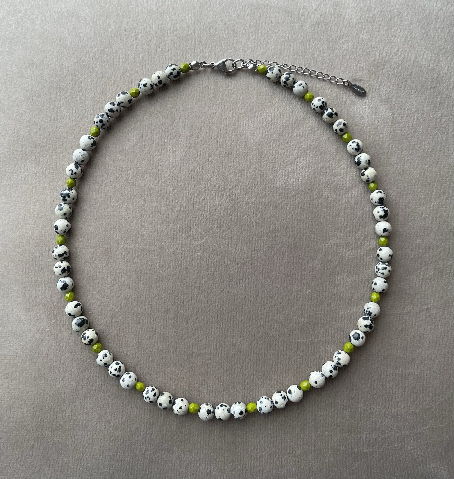 DALMATIAN JASPER FACETED GLASS Beads Unisex Necklace 17.25” Avocado Olive Green