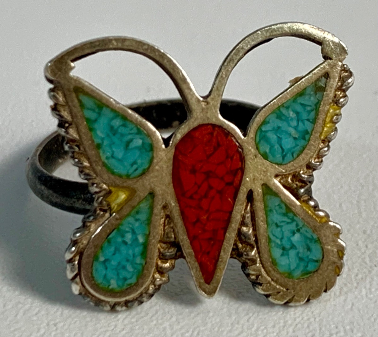 Vintage Southwestern Sterling Silver 925 Turquoise Coral Butterfly Ring Size 2.5