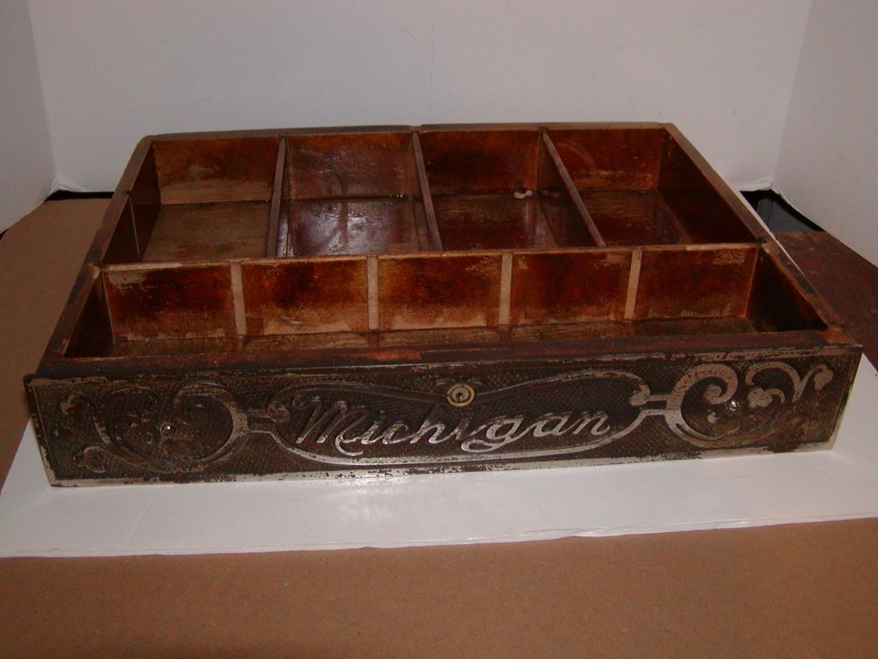 Antique Michigan cash register drawer fine nickel engraving ornate wooden