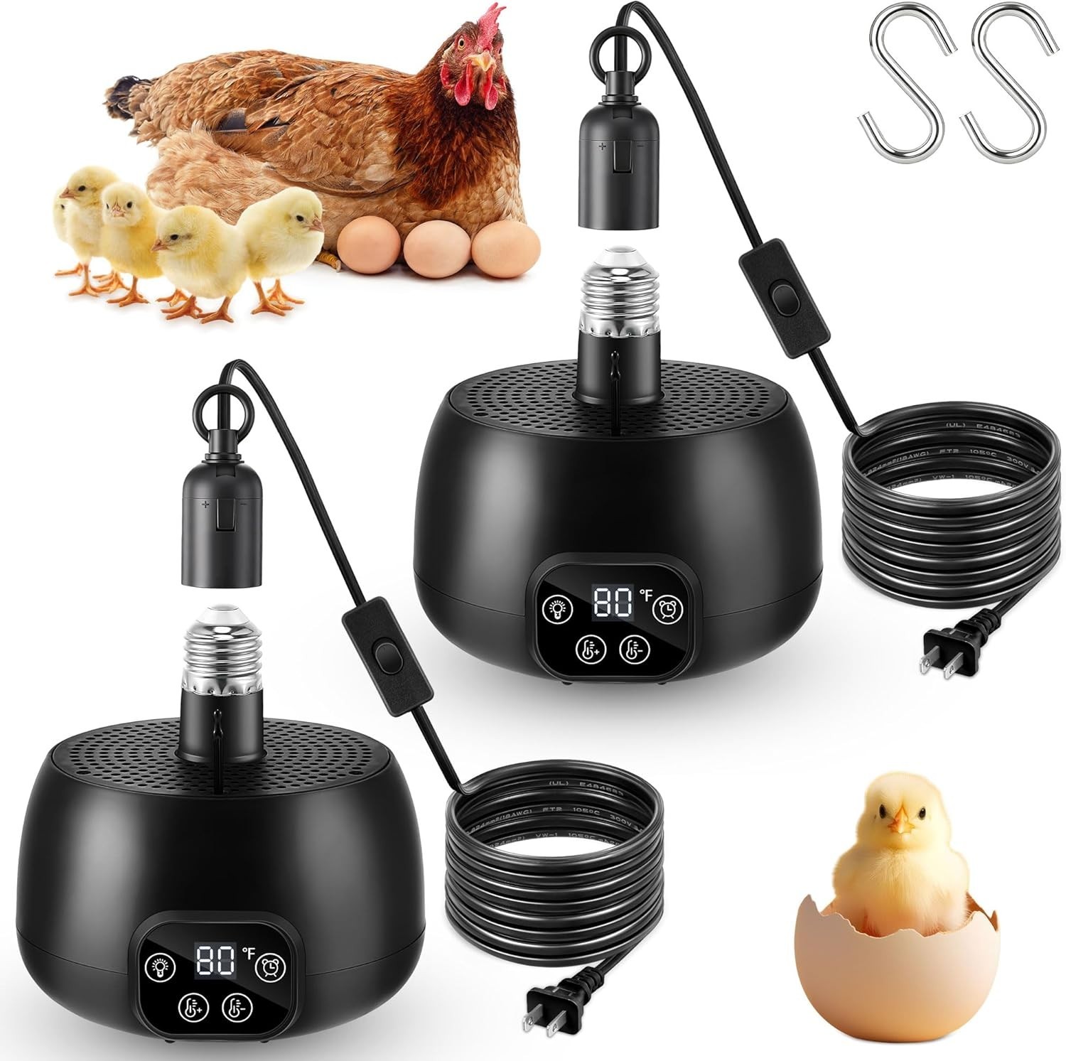 2 Pack Chicken Coop Heater, Timing Chicken Heat Lamp, Smart Temperature Control