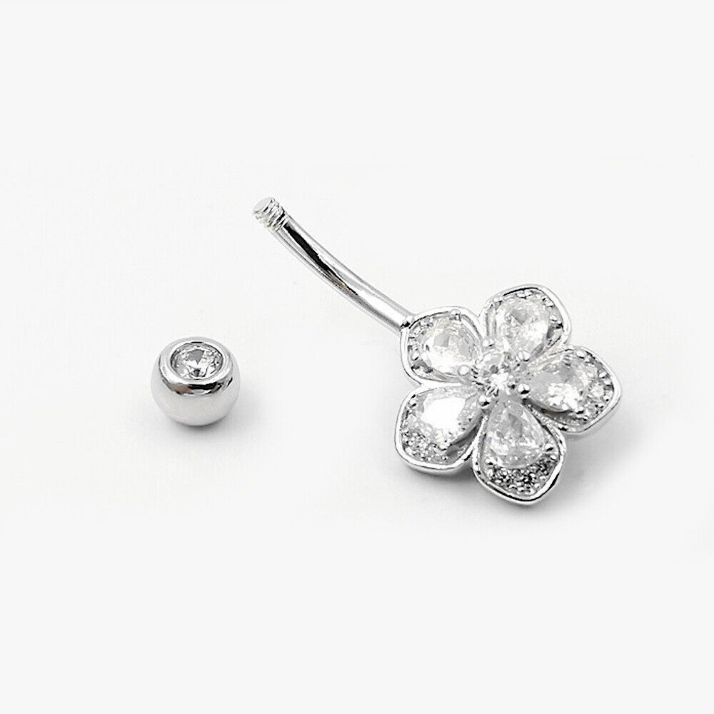 Flower Body Belly Button Ring Round Cut Simulated Diamond 14K White Gold Plated
