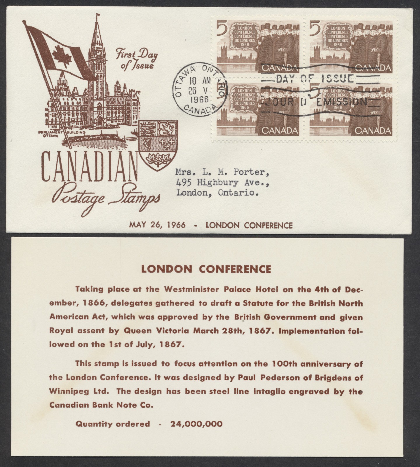 1966 #448 London Conference FDC Block Middlesex Stamp Circle Cachet Insert