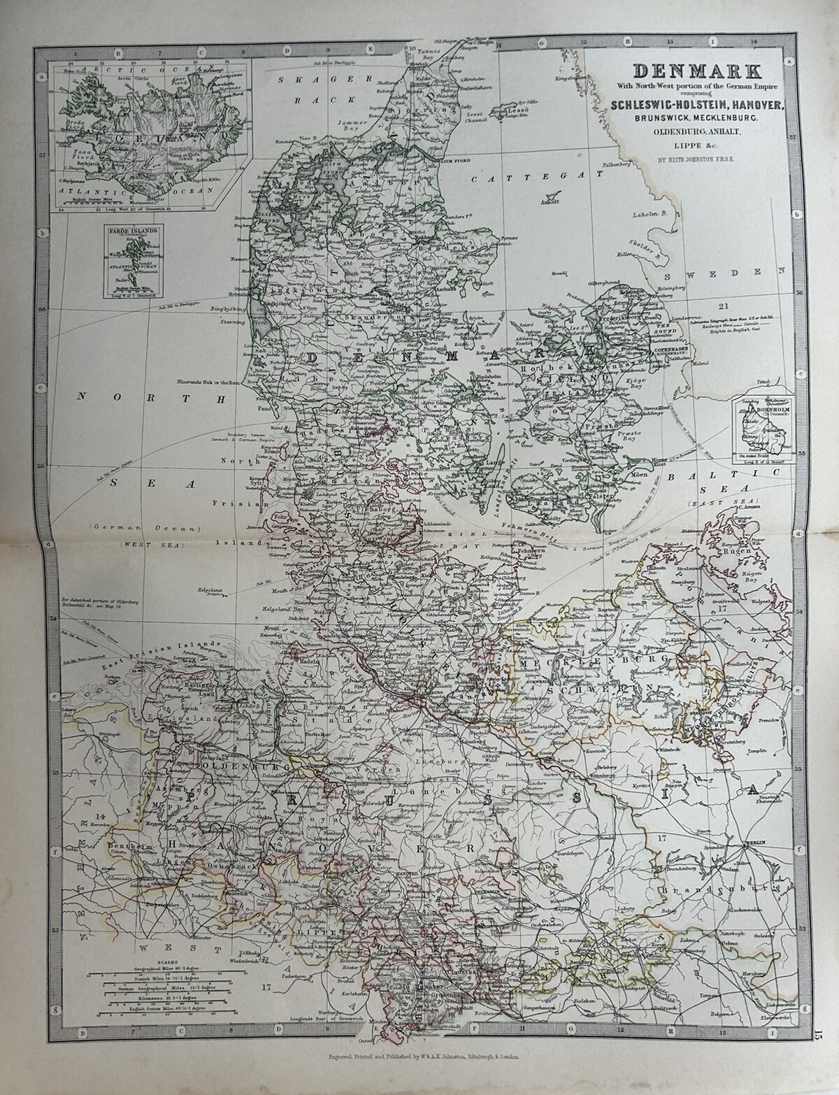 1884 Denmark Hand Coloured Original Antique Map by Johnston