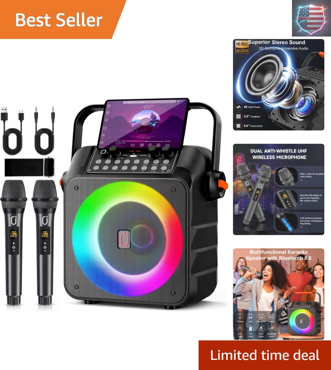 Karaoke Machine for Adults Kids: Portable Bluetooth Speaker with 2 Wireless M...