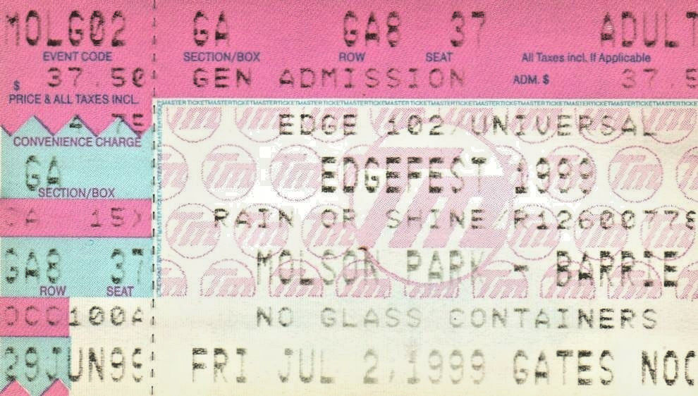 1999 EDGEFEST CONCERT TICKET STUB Barrie / Toronto Canada