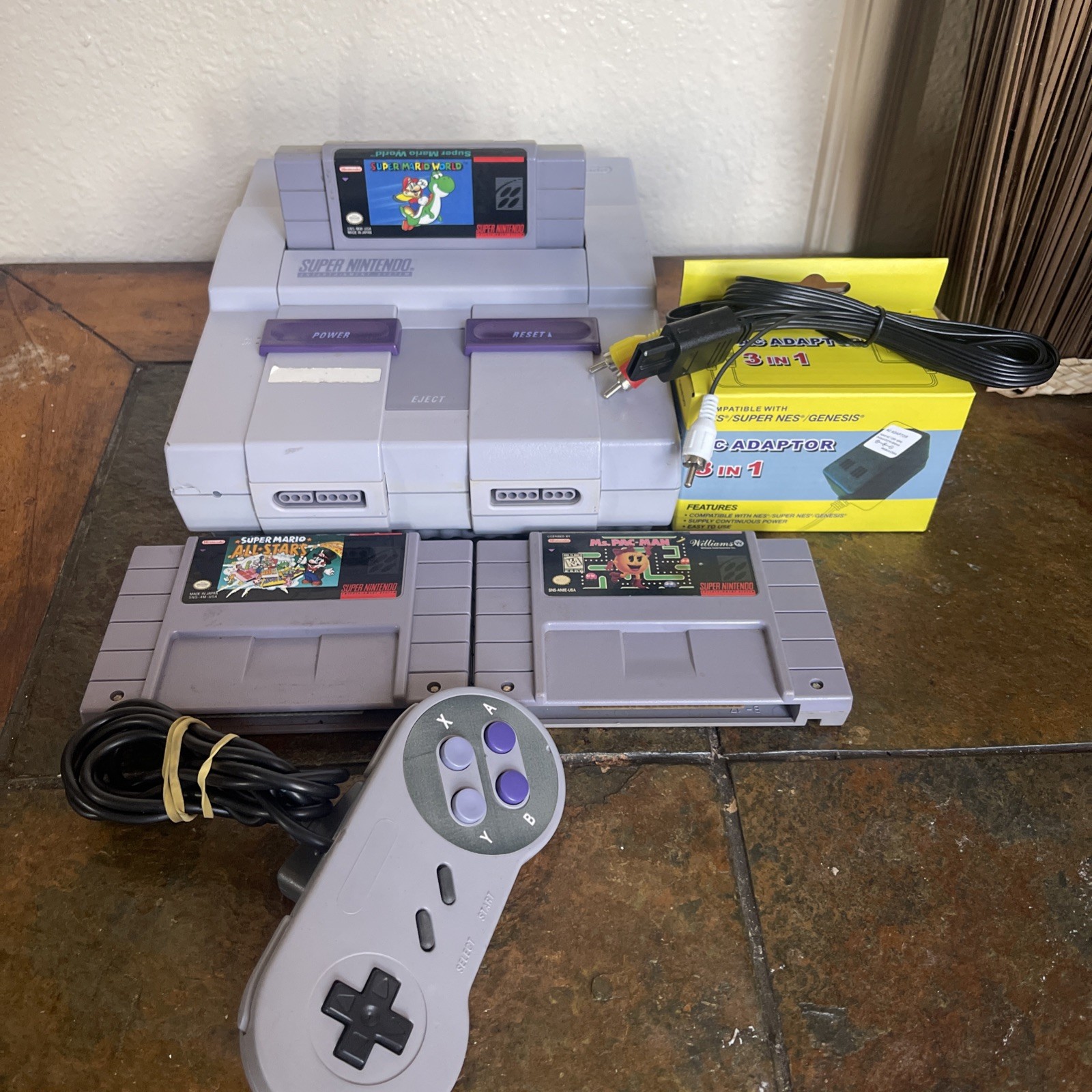 Super Nintendo SNES Console Bundle w/ 3 Games     Mario Games + Ms Pacman