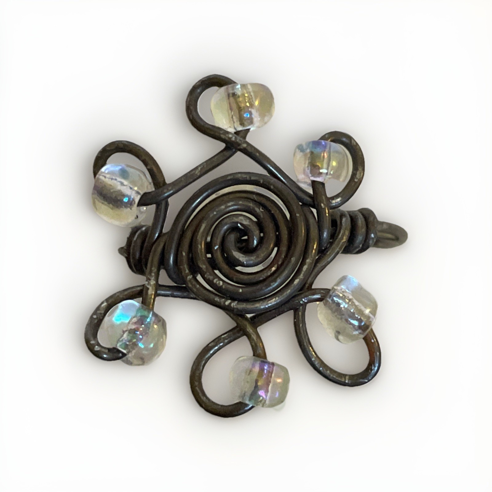 Wire Wrapped Ring Size 8 Clear Crystal Bead Spiral Design Unique Jewelry Flower