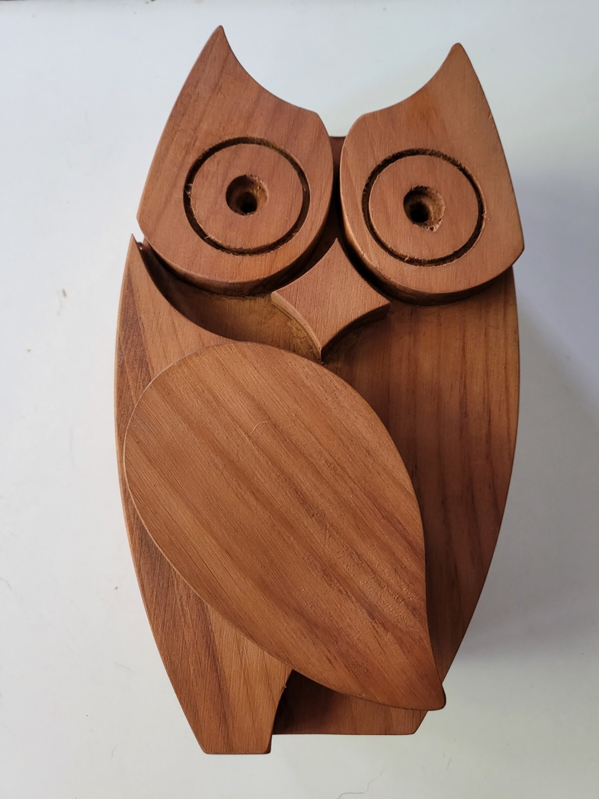 Vintage Owl Hand Carved Wood Retro Bank Puzzle Box 9"