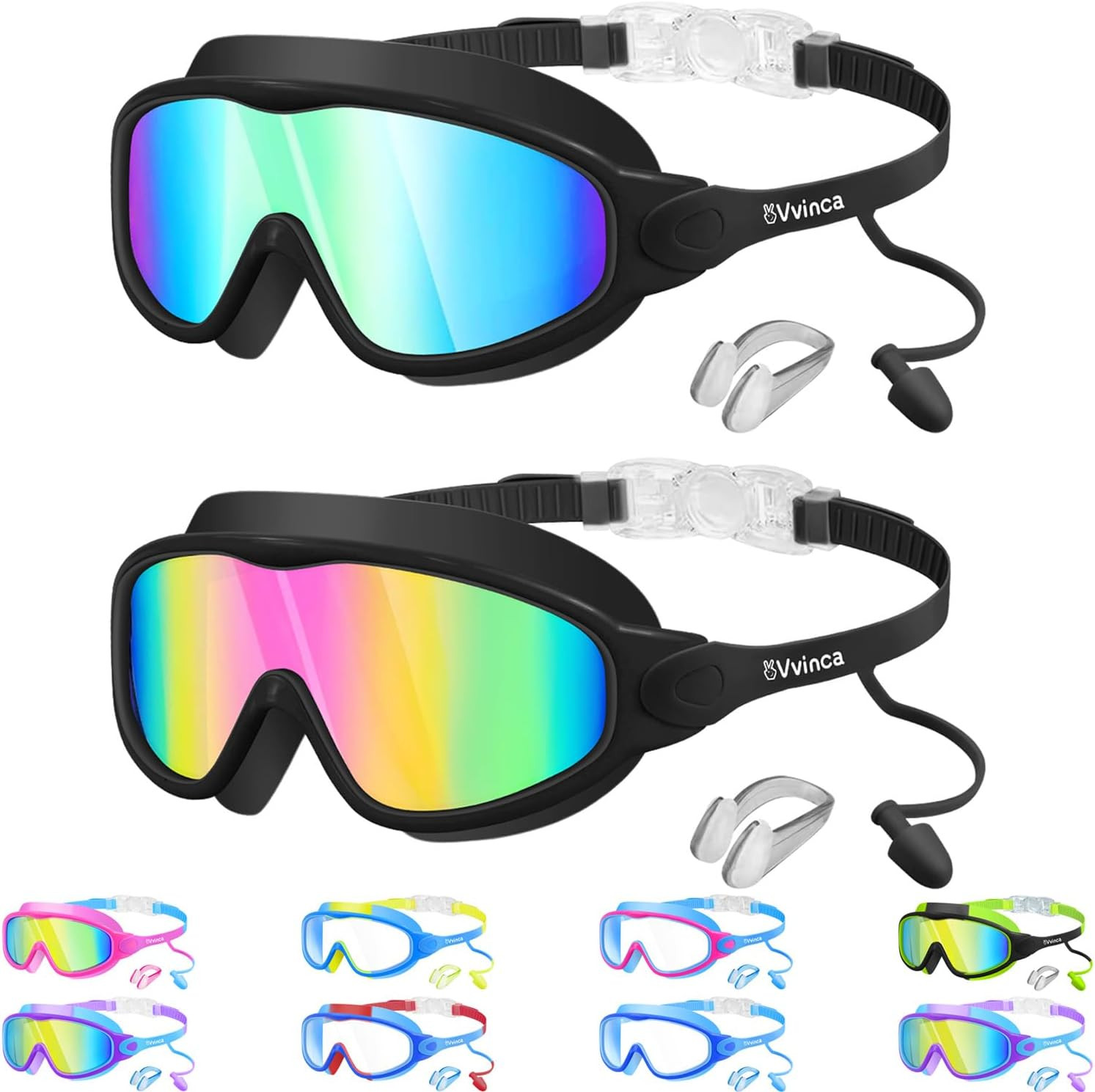 Vvinca Swim Goggles, Kids Goggles with Earplugs& Nose Clip Wide View Anti-Fog/UV