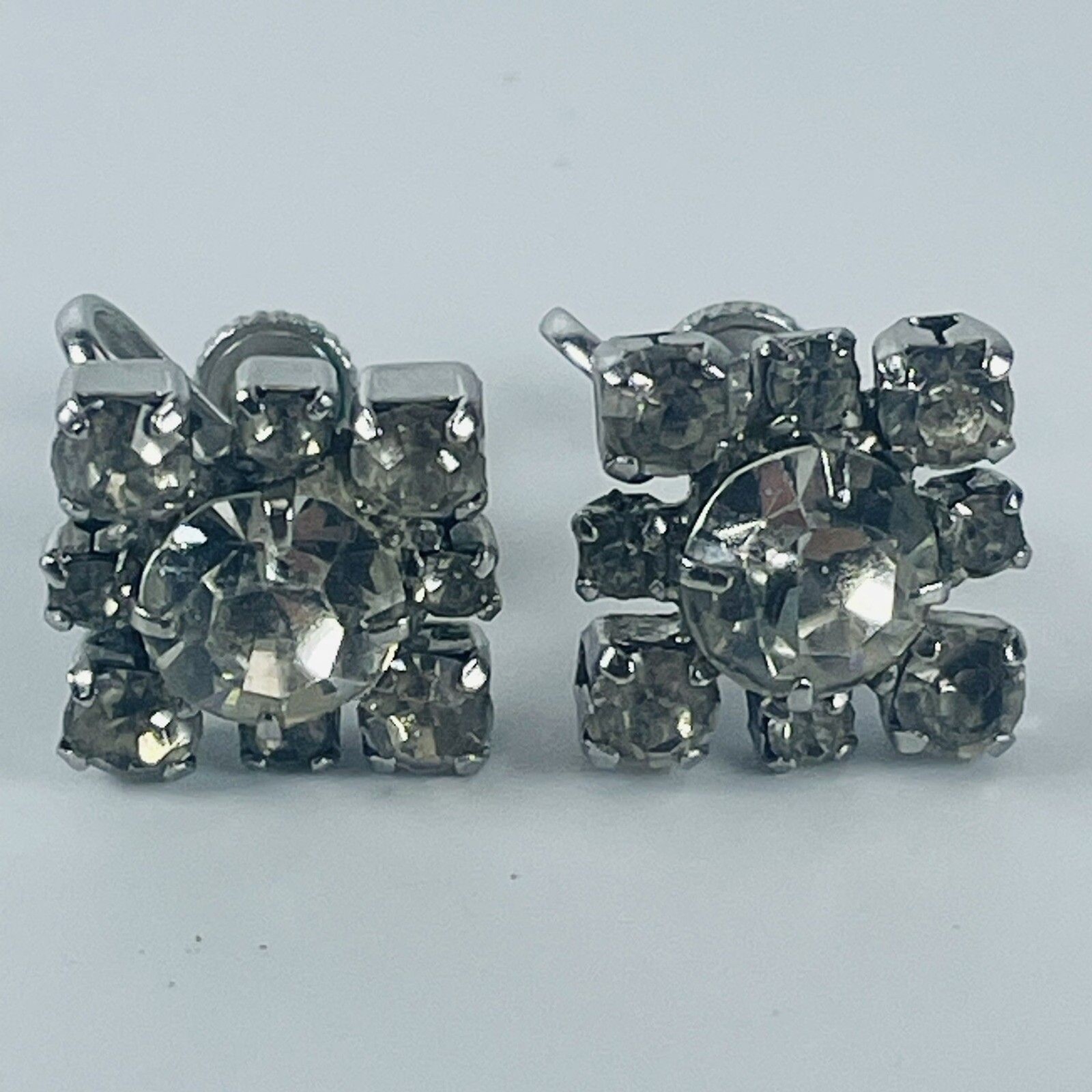 VTG Earrings Clear Round Cut Rhinestone Silver Tone Square Screw Back Sparkle