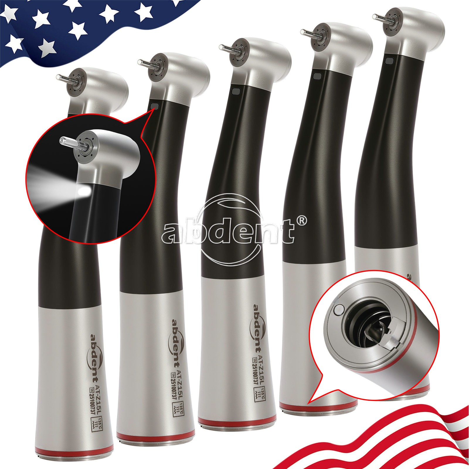 5pcs Abdent Dental 1:5 Increasing LED Fiber Optic Contra Angle Handpiece AT-Z15L