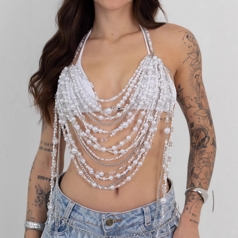 Women vest Pearl Multi-layer Tassel Fashion Metal Party Club body chain 91841