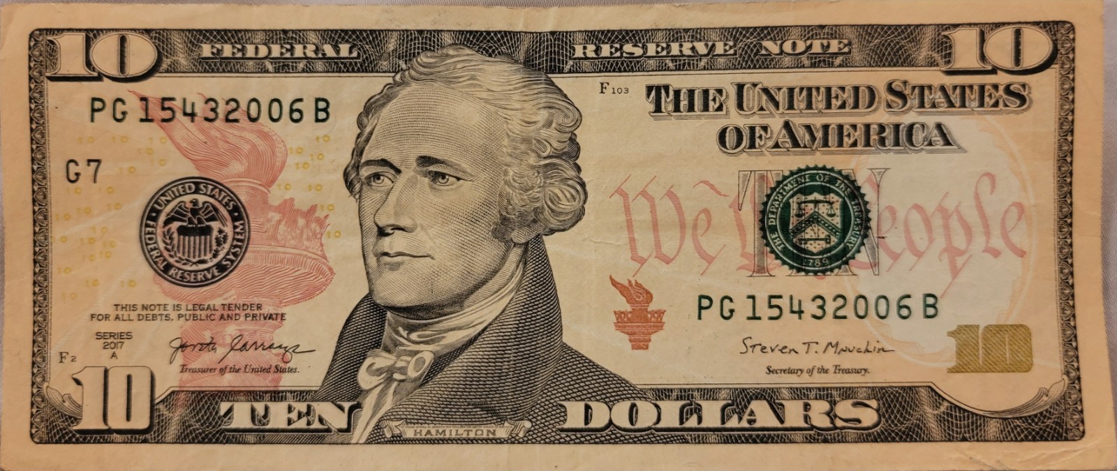 2017 US $10 Federal Reserve Note PG15432006B Banknote