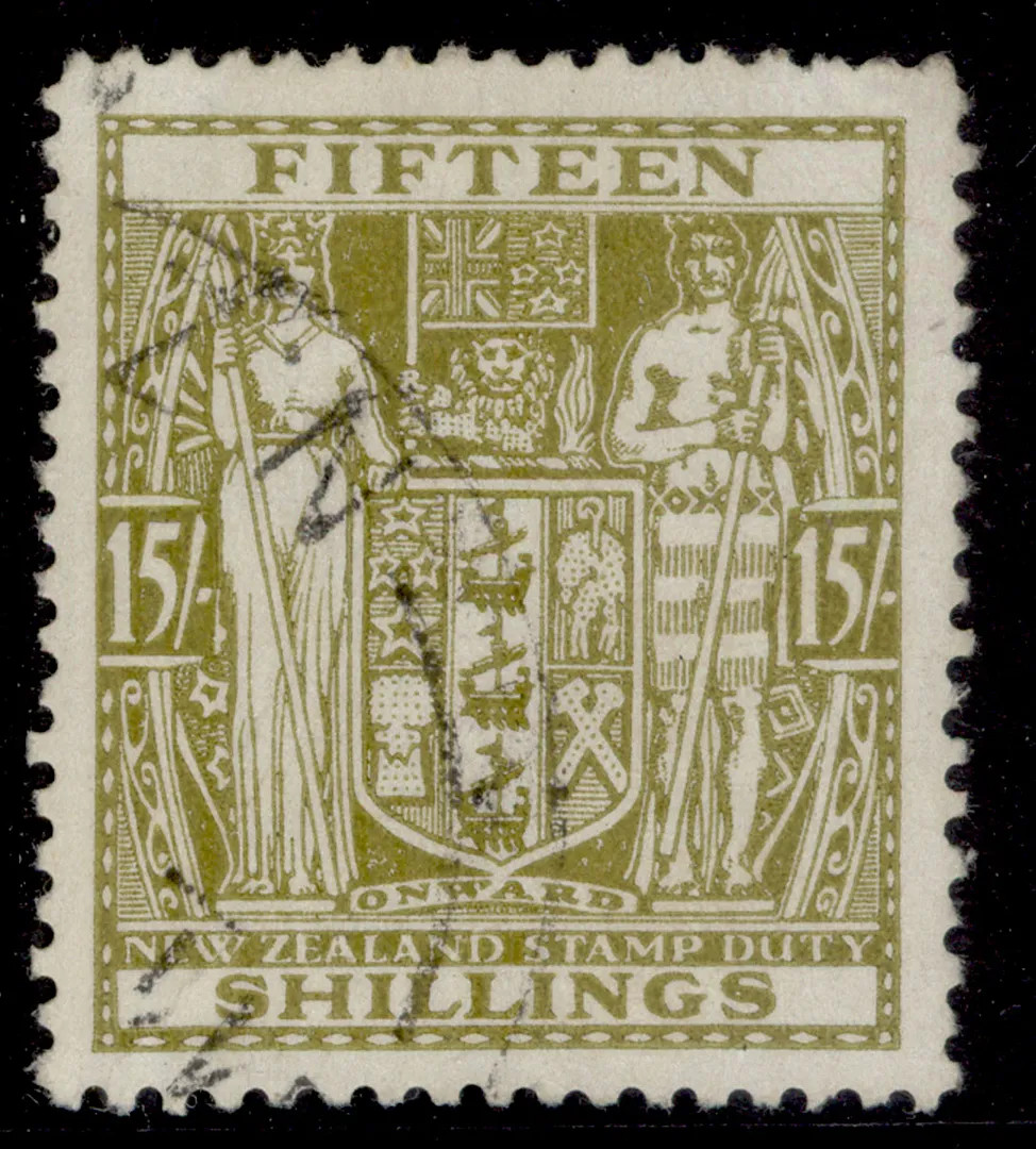 NEW ZEALAND GVI SG F202, 15s sage-green, FINE USED. Cat £45.