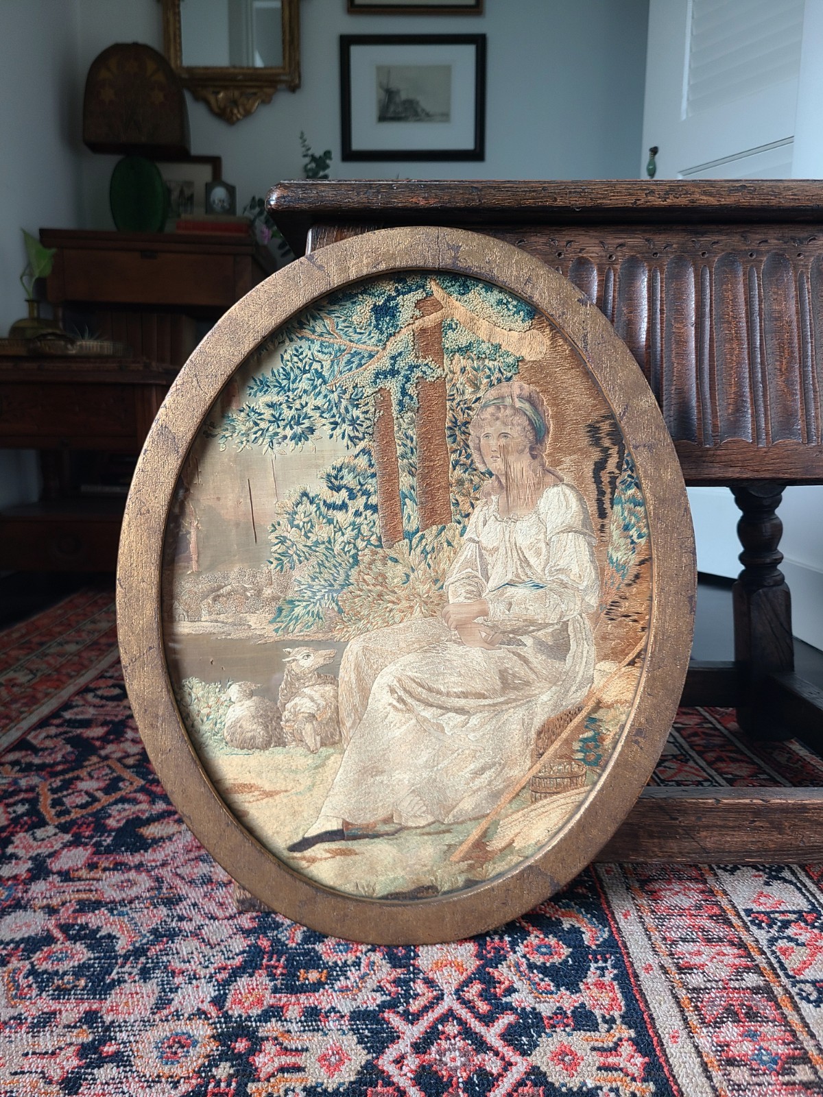 Antique 19th Century Georgian Silkwork Embroidery of a Shepherdess w/ Her Sheep