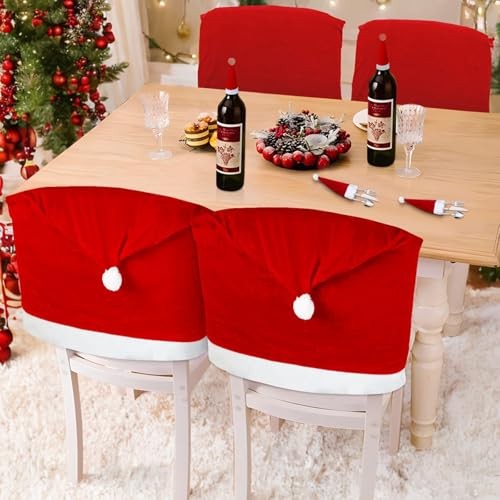 Christmas Chair Covers, Stretch Removable Washable Santa Claus Hat Dining 6PCS