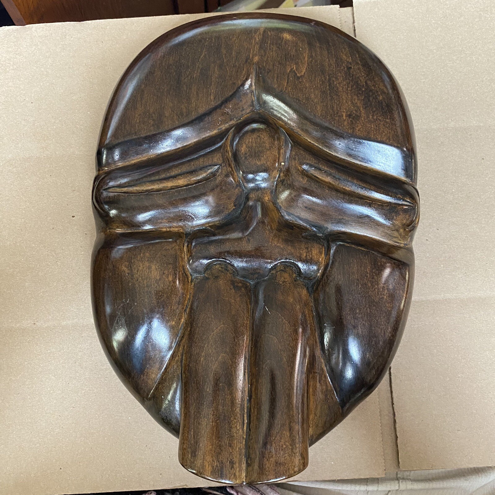 VINTAGE FACE MASK WOOD CARVED WOODEN TRIBAL AFRICAN WALL ART PRIMITIVE 11”