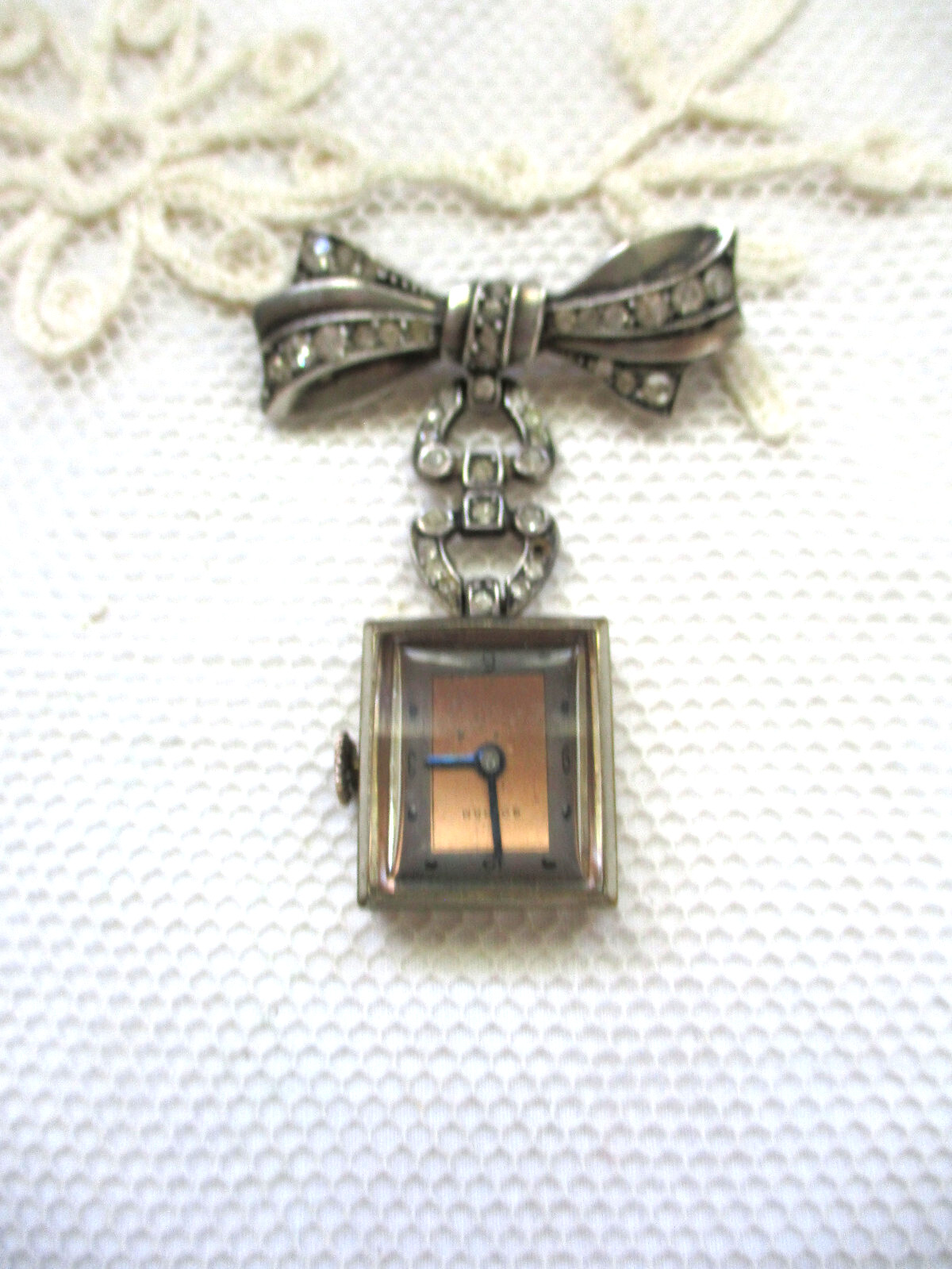 Antique 1920s Ladies Gotham Sterling Pendant / Brooch Watch with Rhinestone Bow