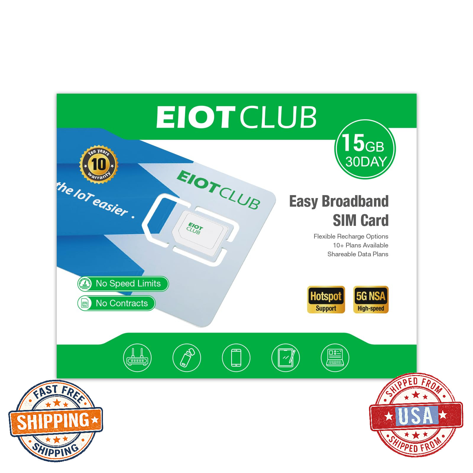EIOTCLUB Data Only SIM Card - Prepaid 5G/4G LTE for Unlocked Devices