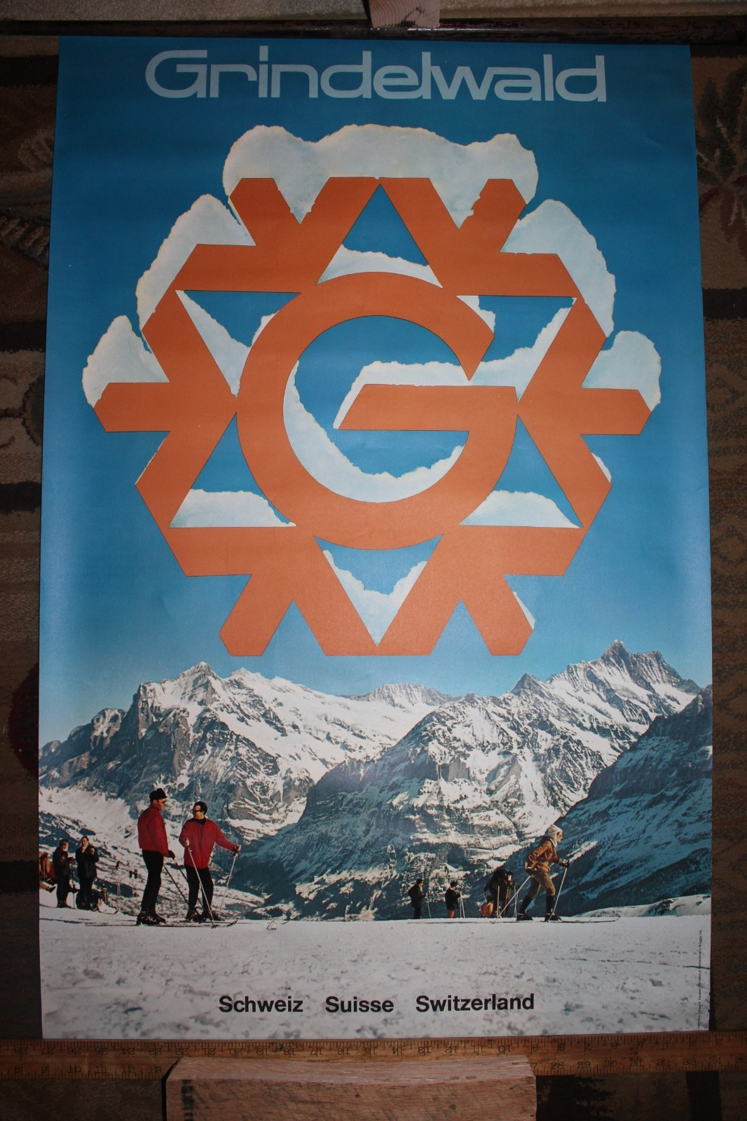 Vintage 1968 Original Switzerland Grindelwald Tourism Travel Ski Poster 25 x 40