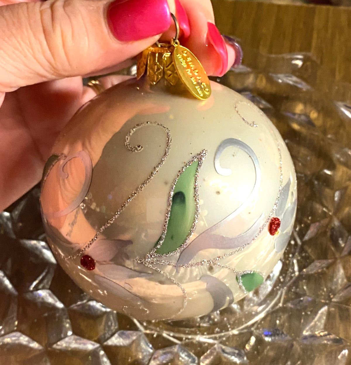 Demdaco Blown Glass Cream Silver Glitter Hand Painted Ball Christmas Ornament 3"