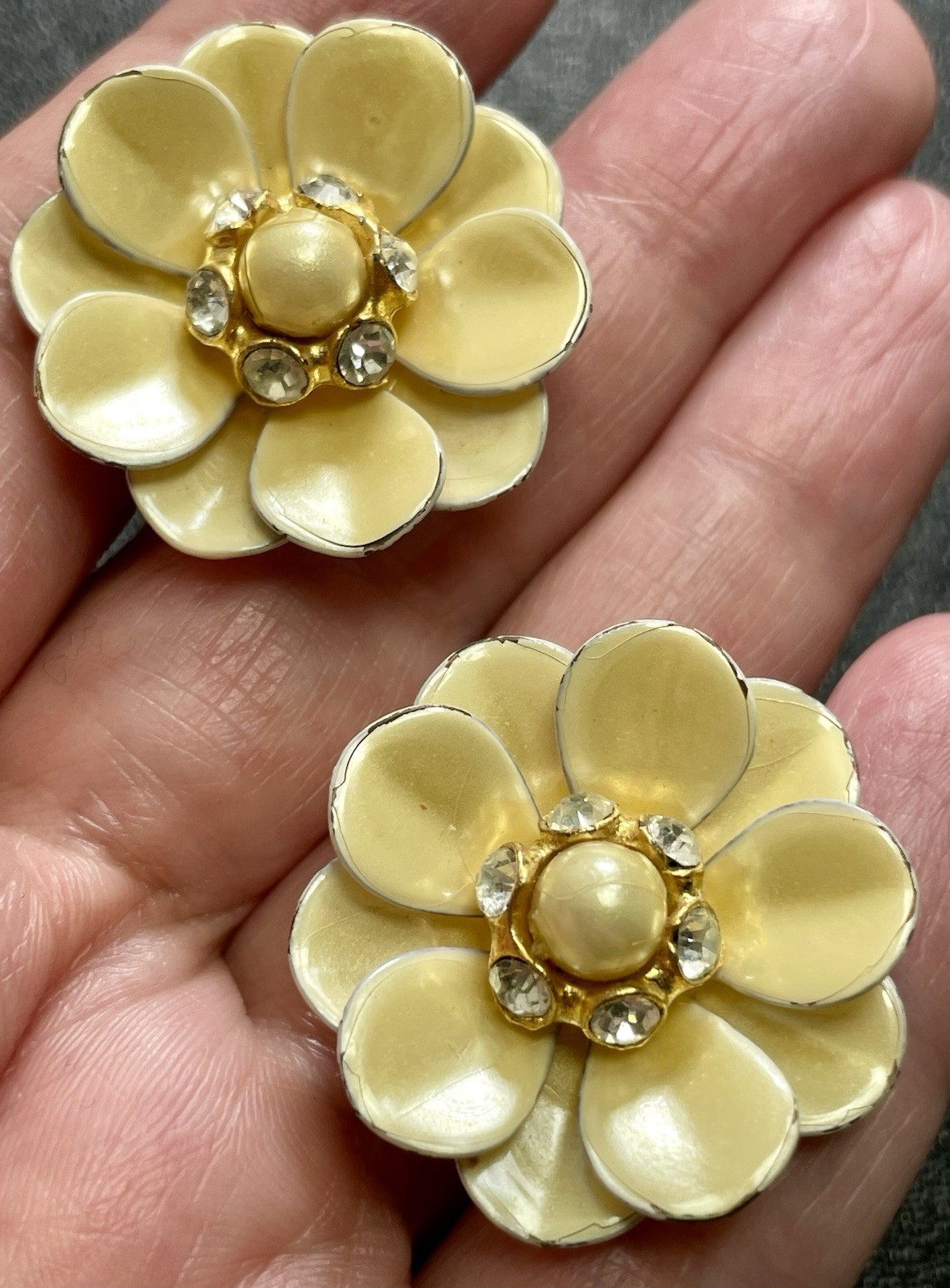 Vintage 1.2” Yellow Layered Flower Crystal Rhinestone Faux Pearl Clip Earrings