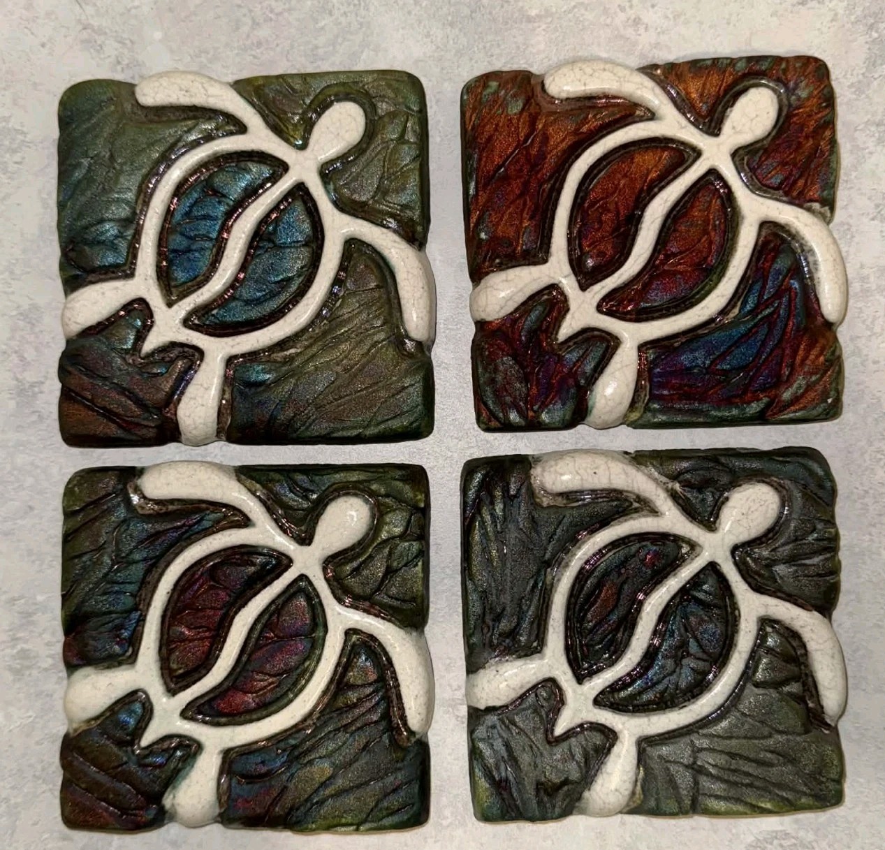 4 Raku Art Pottery Coaster Hawaiian Sea Turtles Ben Diller Signed   STUNNING