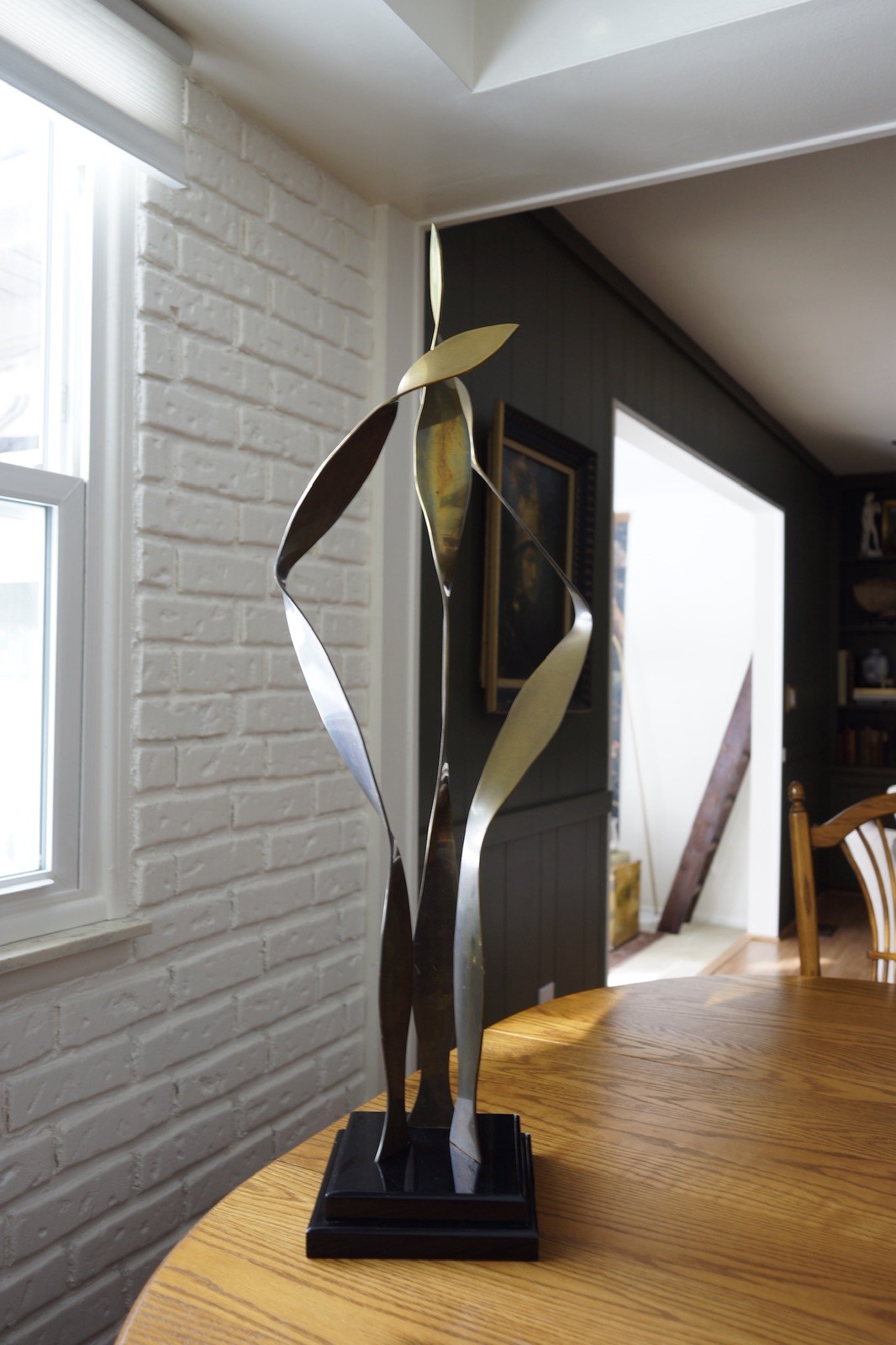 Hivo Van Teal, VTG MCM Abstract Ribbon Brass Sculpture On The Base, 37”H, Signed