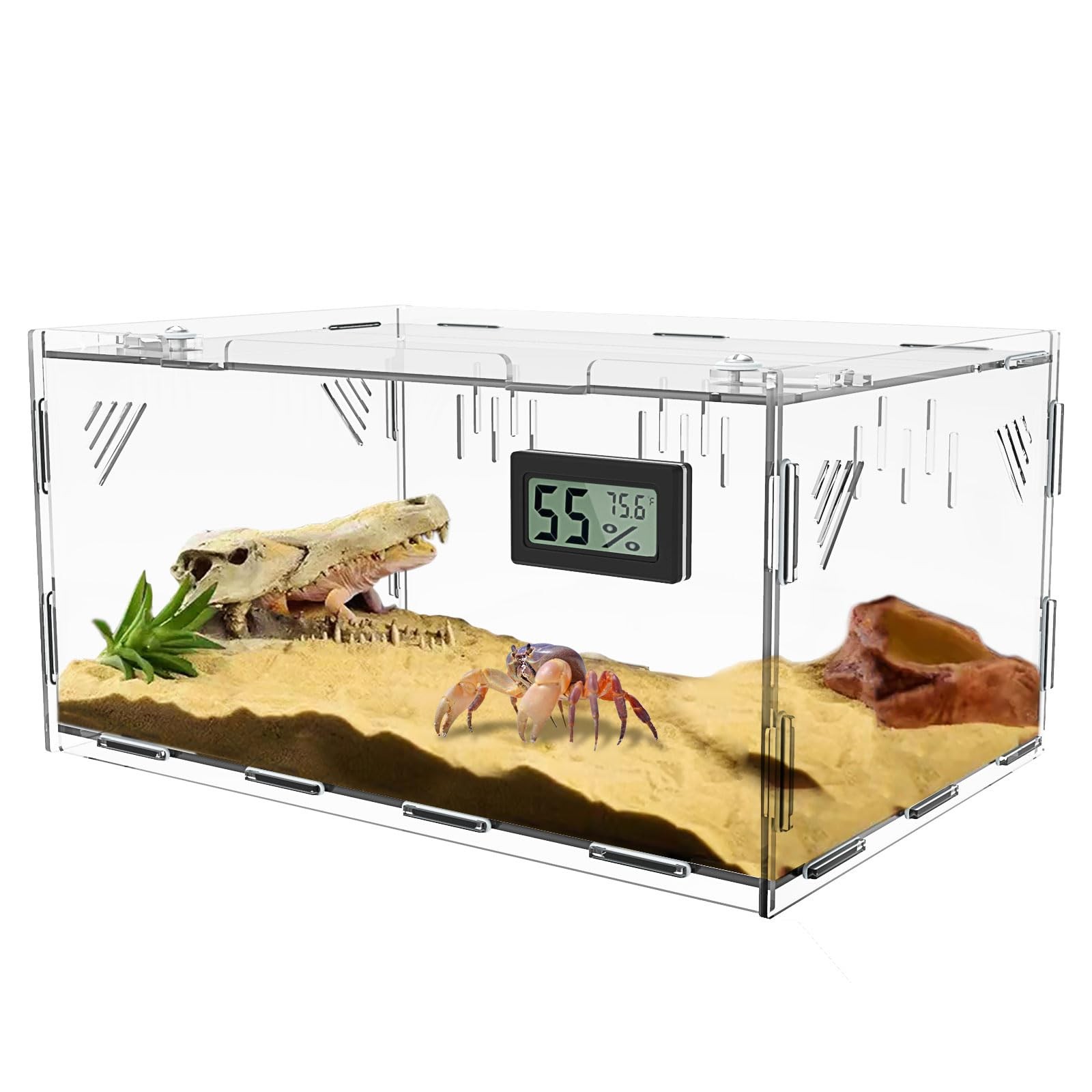 Acrylic Reptile Breeding Box Terrarium Tank 11.8x7.9x5.9 Inch Temp Hygrometer
