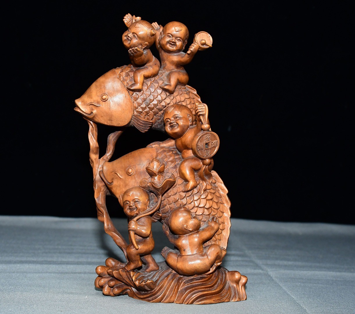 Exquisite Small Leaf Yellow Poplar Wooden Fish Boy Ornament