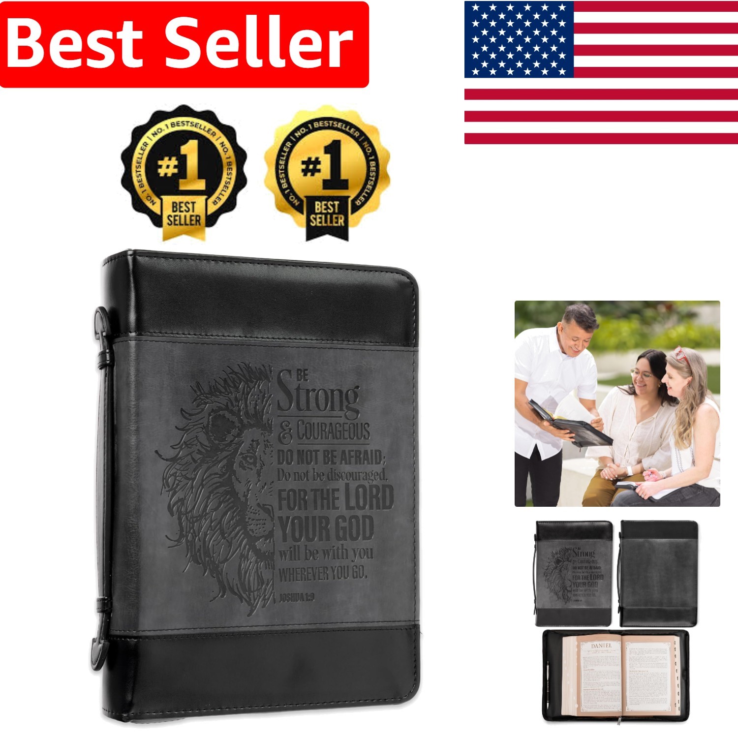 Majestic Faux Leather Bible Cover XL - Be Strong and Courageous, Safe & Secure