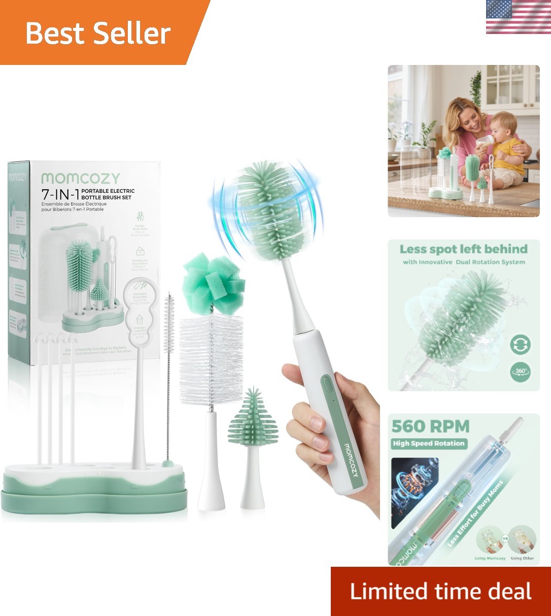 7 in 1 Electric Bottle Brush Kit, Portable Cleaning Set with Formula Mixer, S...