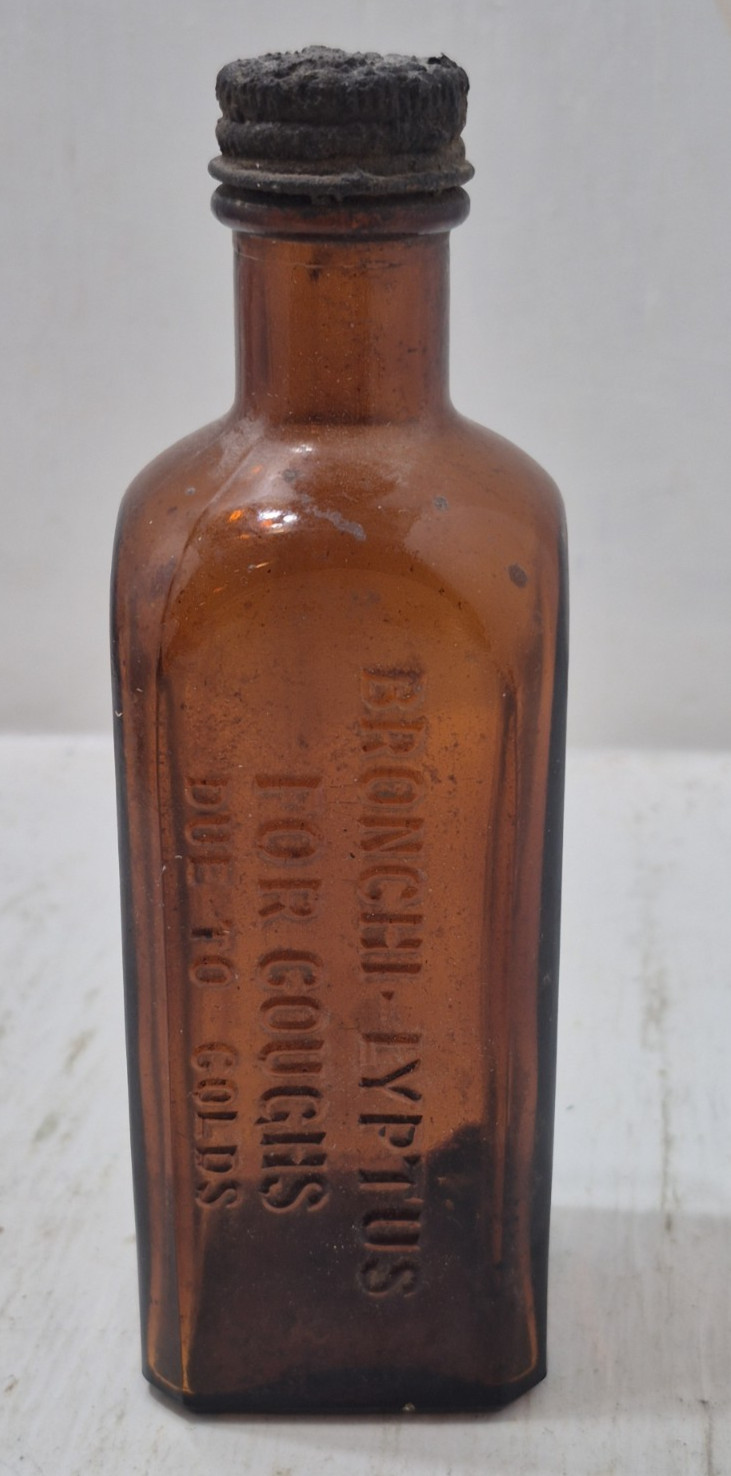 Vintage Bronchi-Lyptus For Coughs Brown Glass Medicine Bottle Original Lid