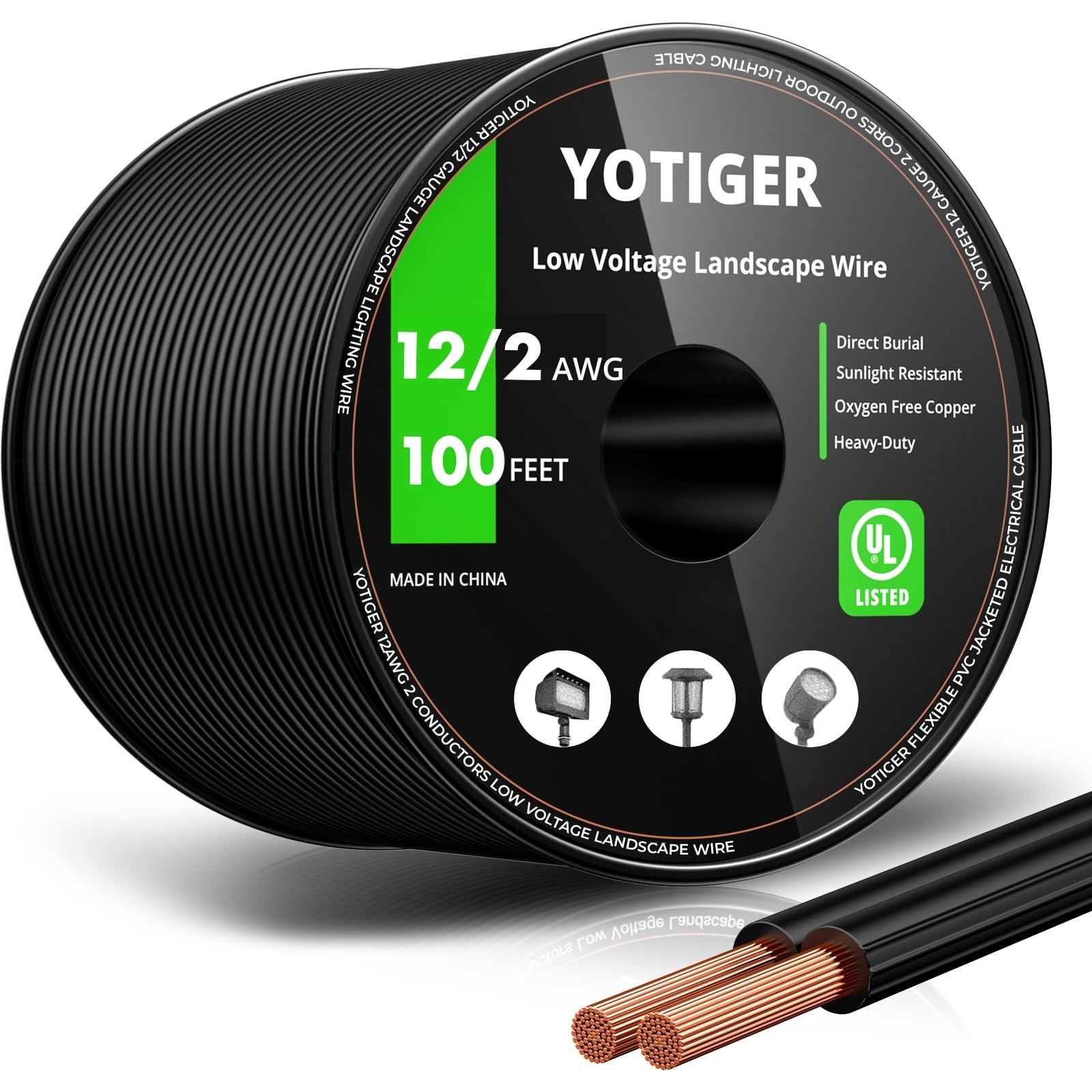 YOTIGER 12 Gauge 100FT Low Voltage Landscape Wire 12/2 UL Certified Direct Buria