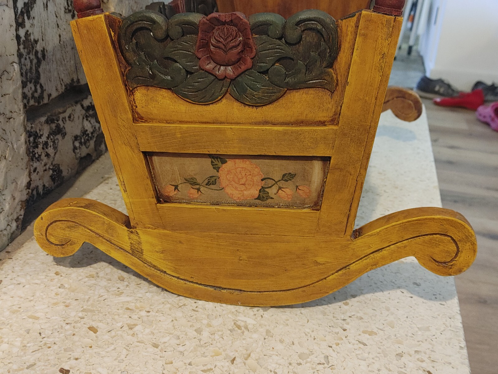 Antique Colonial Rustic Ornately Carved and Painted Wooden Rocking Baby Cradle