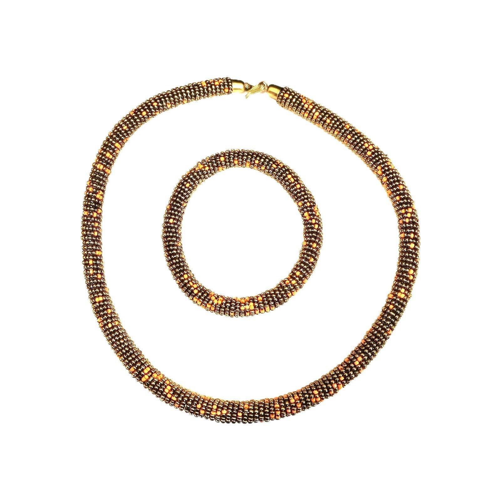 African Masai Brown Orange Beaded Choker Necklace Bracelet Set