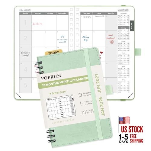  Monthly Planner Small - 4.25" x 6.25" Green Monthly Layout & Jan.2026-Jun.2027